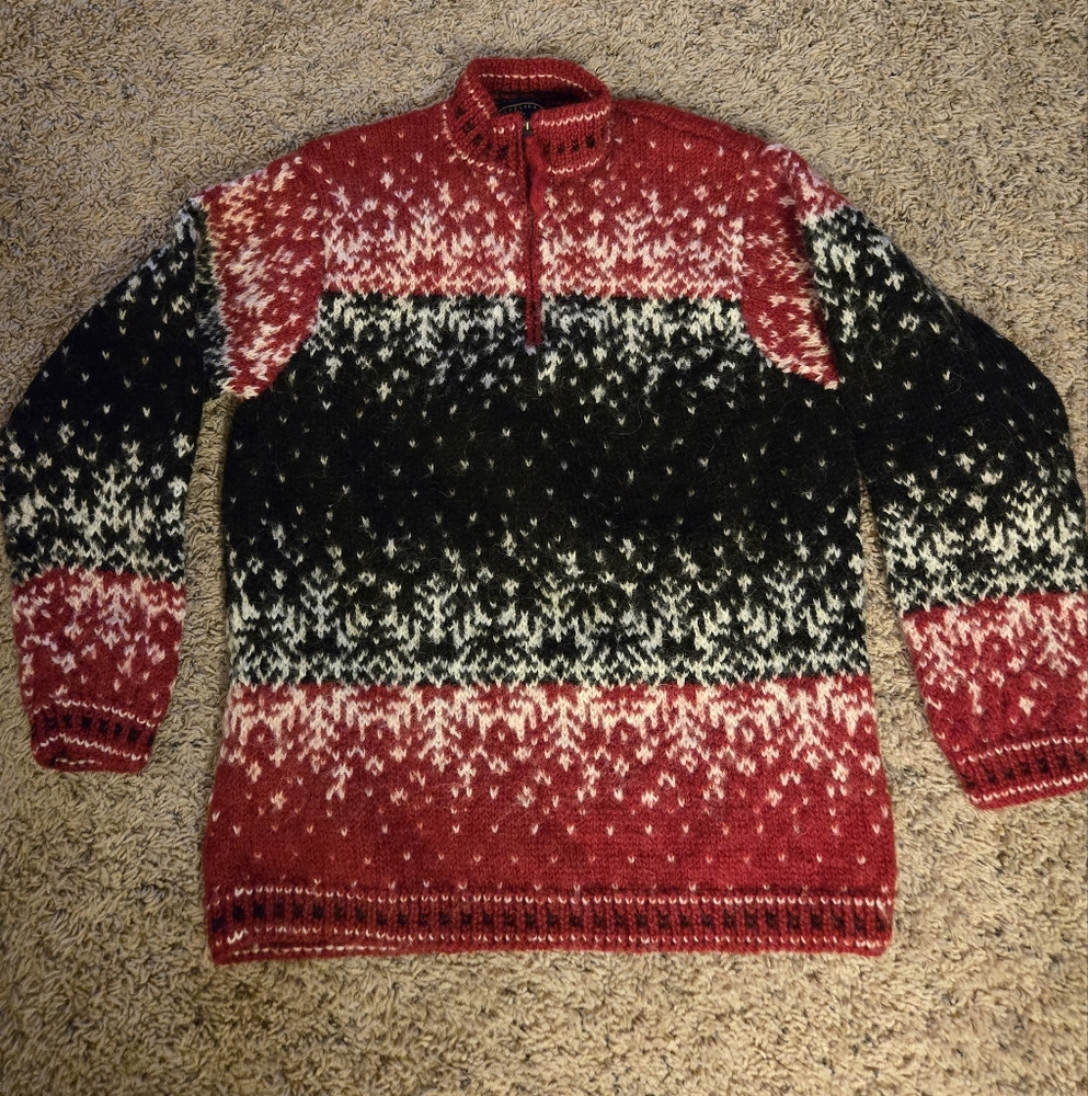 Chelsea Cambell For Charter Club Wool Snowflake Red and Black Zip-Up Sweater, M